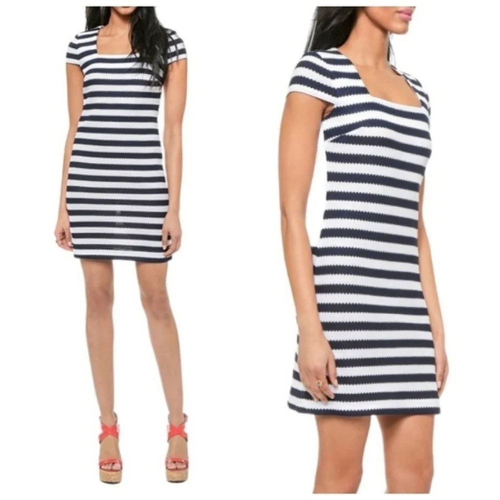 Diane Von Furstenberg Suji Honeycomb Knit Square Neck Striped Dress Size 14 - Picture 2 of 16